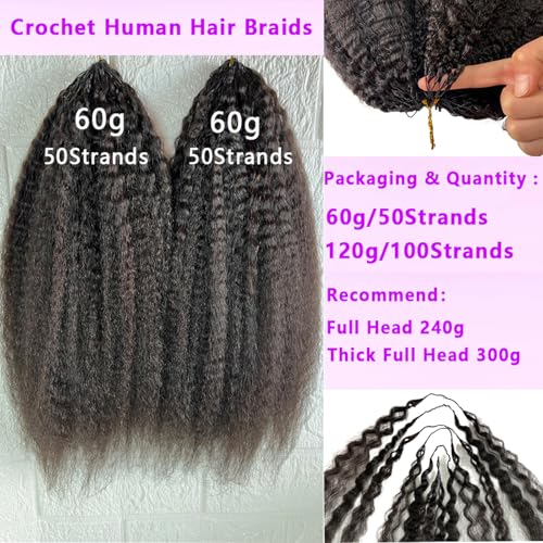 Kinky Straight Feather Crochet Human Hair Extension Yaki Wave Pre Separated Knotless Crochet Hair Micro Bundles With Loop For Reusable Boho Braids 18Inch 60g 50Strands
