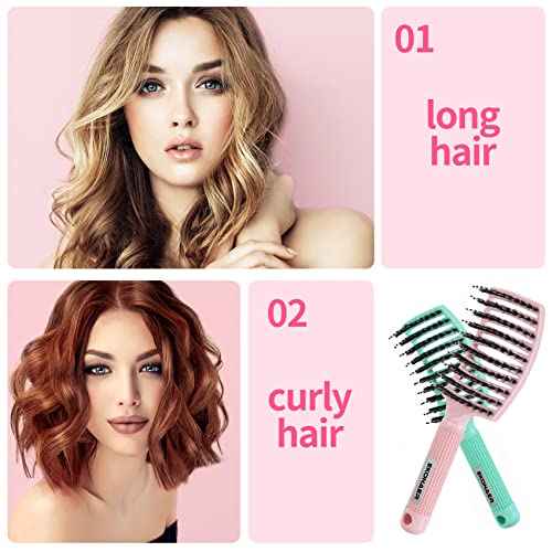 3 Pack Vented Quick Drying Massage Blow Detangler Brush,Boar Bristle Hair Brush Set-Curved,Detangling Hair Brush for Women Long,Thick, Thin, Curly(Green)