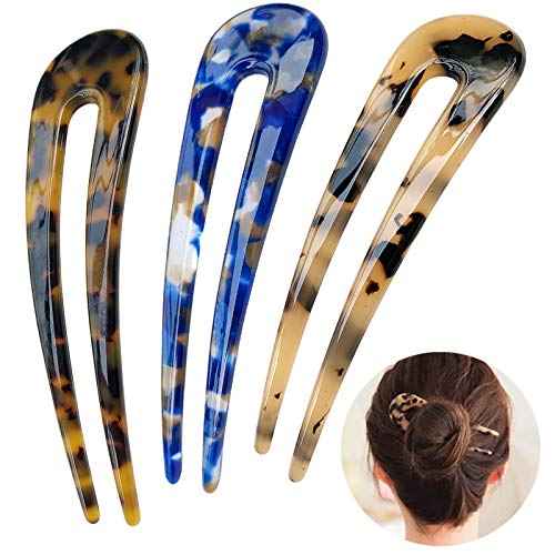 French Hair Forks Tortoise Shell U Shape Updo Hair Pins Clips for Thin Thick Hair, 4.3 inch Classic Cellulose Acetate 2 Prong Bun Hair Sticks Chignon Women Vintage Hairstyle Accessories, 3 Pack