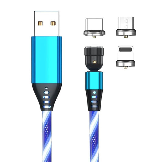 1M Luminous Blue 3-in-1 540° Rotate - Reflex Power Magnetic Charging Cable with Lightening/Micro USB & Type-C, 2.4A Fast Charge, Durable TPE, 360°/180° Rotating Magnetic Design - Blue Glow