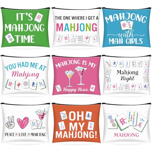 9 Pcs Mahjong Cosmetic Bag Gifts for Women Mahjong Makeup Bag Mah Jong Zippered Pouch for Lover Player Friend Mom Grandma Lucky Birthday Christmas New Year Gift