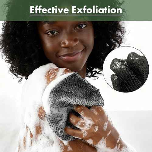 African Net Sponge Authentic with Handles (Set of 2), African Exfoliating Net Sponge, Exfoliating Body Scrubber Bath Sponge - Bathing Accessories with Storage Bag (Blue & Black)