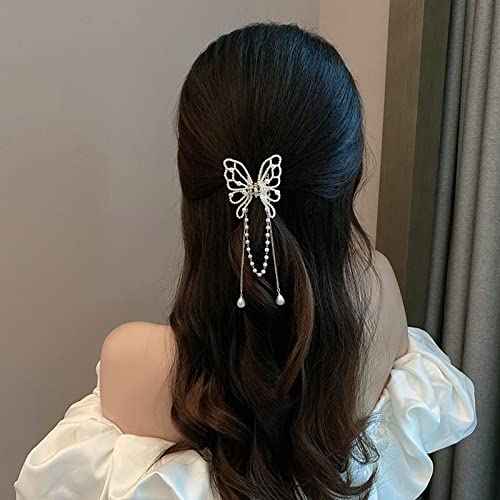 2PCS Butterfly Hair Clips for Women Metal Nonslip Small Claw Clip Peal Tassel Sparkling Hairpins Fashion Styling Hair Accessories Gift