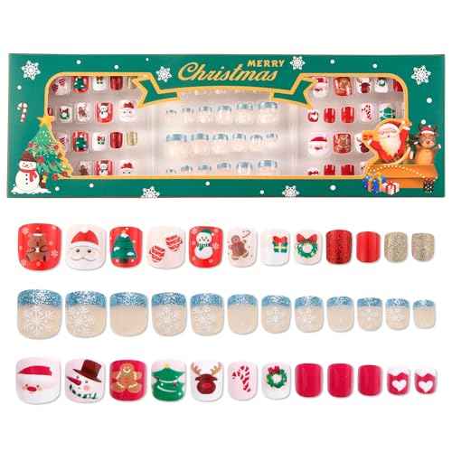 Kids Press on Nails Children Fake Nails 72PCS Artificial Nail Tips Adhesive Full Cover Short False Fingernails for Girls Kids Nail Decoration (Golden Christmas Snow)