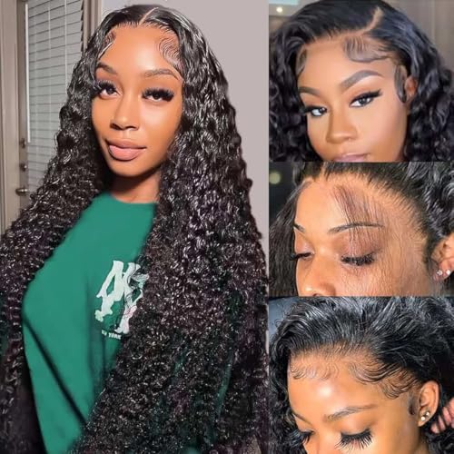 26 Inch Deep Wave Lace Front Wigs Human Hair Pre Plucked 200% Density 13x6 HD Lace Frontal Wigs with Baby Hair Deep Curly Wet and Wavy Glueless Wigs for Women (Natural Black, 26 Inch)