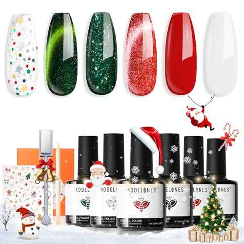 Modelones Christmas Gel Nail Polish Set, 6 Colors 2025 Winter White Red Dark Green 9D Cat Eye Gel Polish Gold Stars Ornament Glitter Nail Polish with Stickers & Magnet & Wooden Stick LED Mani DIY Gift