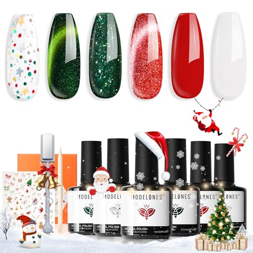 Modelones Christmas Gel Nail Polish Set, 6 Colors 2025 Winter White Red Dark Green 9D Cat Eye Gel Polish Gold Stars Ornament Glitter Nail Polish with Stickers & Magnet & Wooden Stick LED Mani DIY Gift