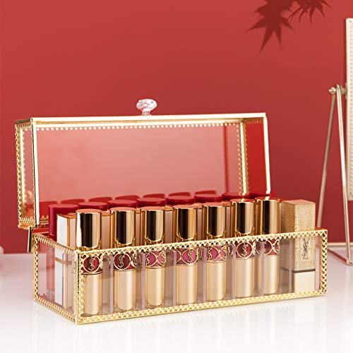 FSyueyun Glass Lipstick Organizer Holder with 24 Slot, Dust Free Vanity Lip Gloss Lipstick Eye Liner Makeup Display Cases Decoration for Dresser Countertop