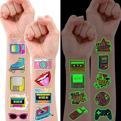 96 PCS Back to the 90s 80s Pre-Cut Luminous Temporary Tattoos for Kids Theme Birthday Party Decorations Supplies Favors Decor Super Cute Retro Stickers Tattoo Gifs for Boys Girls Rewards Carnival