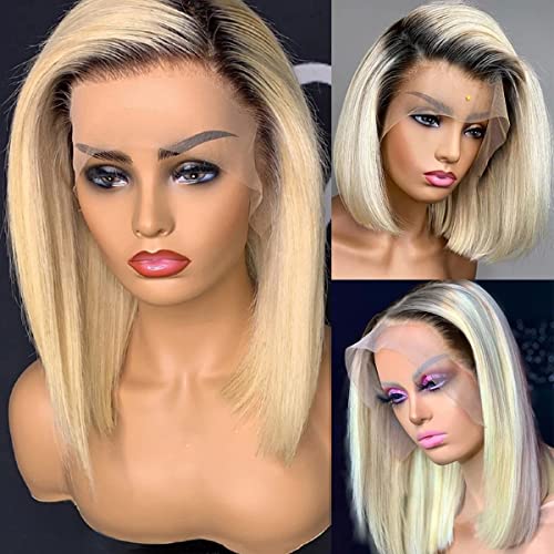 Ombre Blonde Bob Wig Human Hair Glueless 13x4 Lace Front Wigs Bleached Knots Pre Plucked Dark Roots 1B613 Blunt Cut Bob Wigs with Baby Full 180% Density Lace Frontal Wigs Middle Part 12¡±