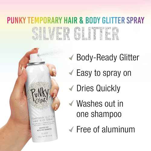 Punky Temporary Hair and Body Glitter Spray Silver ? Glitters Hairspray, Adds Sparkly Shimmery Glow, Hair Glitter for Kids, Women, Men 3.5 oz