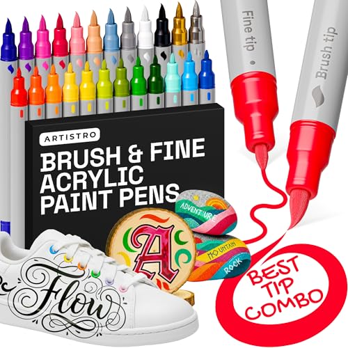 ARTISTRO 24 Dual Tip Brush + Fine Acrylic Paint Pens Ideal for Calligraphy - Paint Markers for Fabric, Rock, Glass, DIY - Stocking Stuffers, Christmas Gift Idea for Teens, Grandkids, Kids