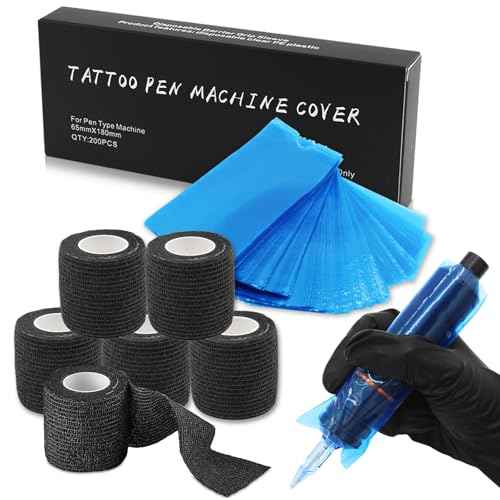 Large Pen Machine Covers and Grip Tapes - Anghie 200Pcs Blue Tattoo Pen Covers with 6Pcs Tattoo Grip Tape Wrap Large 2.56 X 7.09inch Tattoo Machine Wrap for Tattoo Machine Tattoo Supplies