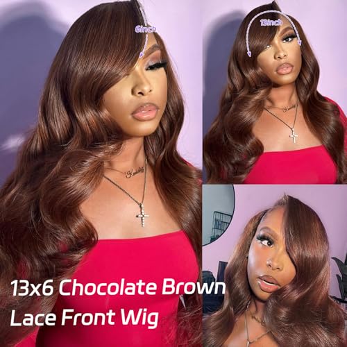 250 Density Body Wave Chocolate Brown Wig, 13x6 Lace Front Wigs Human Hair Pre Plucked, 100% Real Human Hair 4# Brown Wig for Women 16 Inch