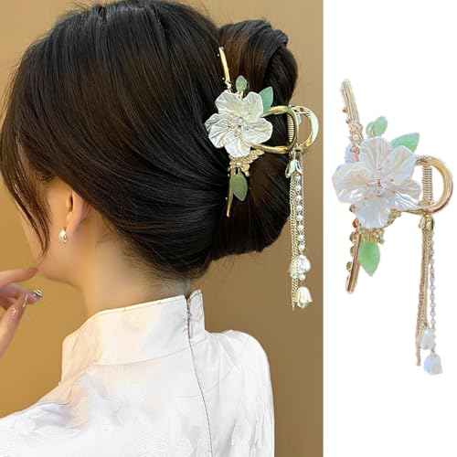 1 Pack Flower Hair Claw Clips for Women, Camellia Flower Leaf Hair Clips with Small Pearl Butterfly Tassel Design Metal Gold Strong Hold Hair Jaw Clips Grip Clip for Thick or Thin Hair Accessories