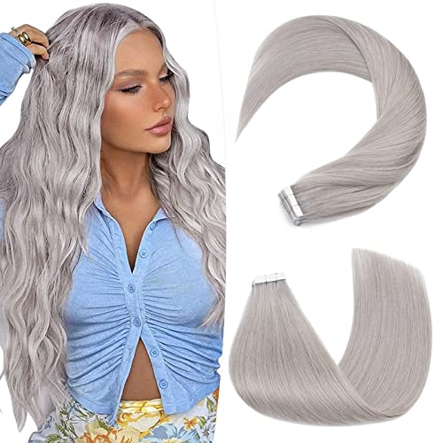 Hairro Tape In Hair Extensions - Human Remy Hair, Adhesive Skin Weft, Natural Glue-in Hairpieces, Full Head Grey, 20 Inch, 50g, 20pcs #GREY
