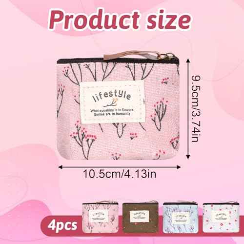 Mini Makeup Bag, 4 Pcs Linen Floral Small Makeup Bag for Purse Portable Small Zipper Pouch Cute Fabric Mini Cosmetic Bags for Women Girls Home Travel Lipstick Coin Cards Storage (4 Style)