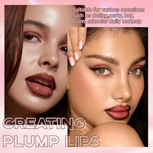 2 Colors Nourishing Lip Gloss Brown Lip Liner Combo, Hydration Plumping Lip Glow Oil Set for Women, Moisturizing Lightweight Long Lasting High Shine Lip Tint, Mini Liquid Lipstick Makeup Kit
