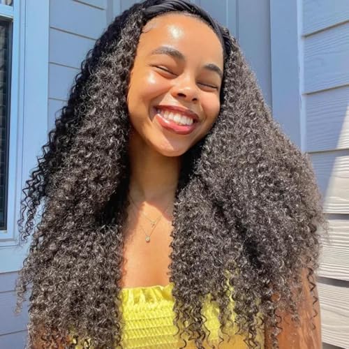 Headband Wig Human Hair Curly Wigs for Black Women 22 inch Wigs Human Hair Glueless Wear and Go None Lace Front Wig Headband Wigs Machine Made 180% Density Natural Color