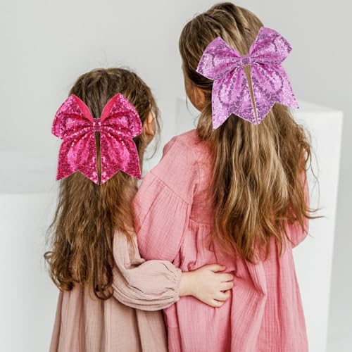 Large Big 7 Inch Glitter Bow Clip Sequin Bling Party Hair Accessories for Women Teens Girls Kids 2 Pcs (HotPink, LightPurple)