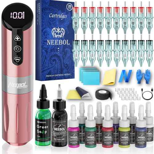 Neebol Wireless Tattoo Gun Kit, Rotary Tattoo Pen with 6h Battery Life, Digital Screen Display, Extra Black Ink, Complete Tattoo Gun Kit for Beginners and Professionals, Cordless Machine, Pink