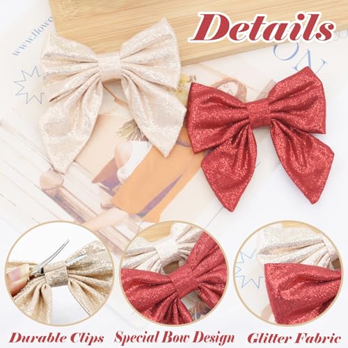 2Pcs Christmas Bow Claw Clips for Women Girls, Metal Claw Clips Glitter Bow Hair Clips Non Slip Strong Hold Fashion Hair Accessories for Women Girls Kids (Red and Gold)