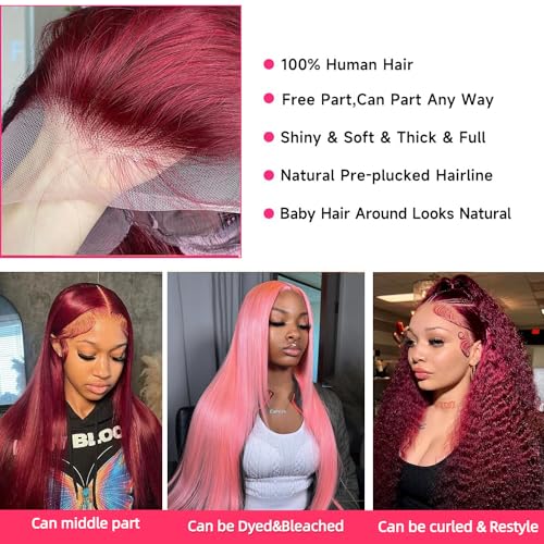 99j Burgundy Lace Front Wigs Human Hair 200 Density Straight 13x6 HD Lace Front Wigs Human Hair Pre Plucked Glueless Red Color Lace Front Wigs for Women 22 Inch