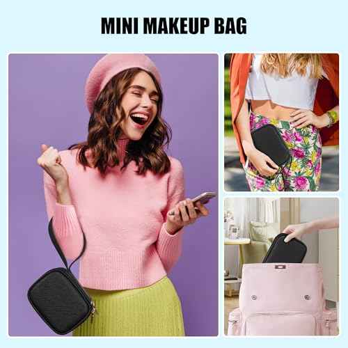 Relavel Mini Makeup Bag with Led Mirror, Small Cosmetic Bag with 3 Light Modes, Rechargeable Portable Makeup Pouch with Hands-Free Wrist Strap for Pool Parties?Work Touch-Ups?Travel - Black