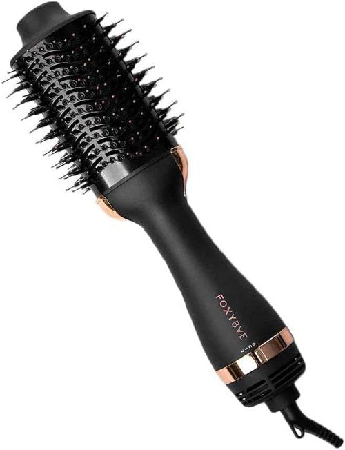 FoxyBae Blowout Hot Air Brush - 75mm Hair Dryer, Curler, Volumizer & Straightener - Ceramic Tourmaline Ionic Technology with Dual Bristles (Black Rose-Gold)
