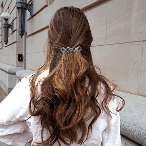 Vintage Austrian Hair Barrettes, Glitter Sparkly Crystal Flower Hair Clips French Vintage Barrettes, White Rhinestone Metal Hair Pins Hair Accessories for Women Girls (Navy Blue)