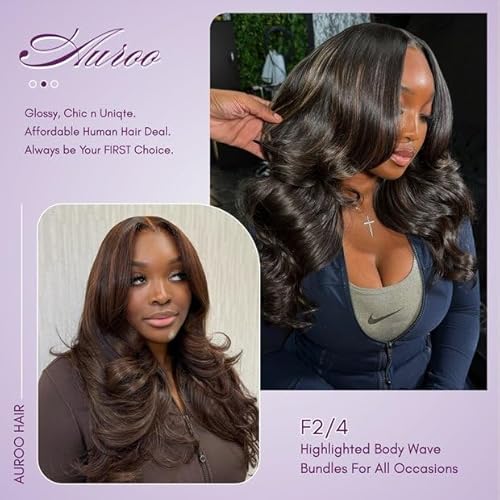 Brown Highlight Body Wave 3 Bundles Human Hair 10 12 14 Inch, 12A 2-Tone #F2/4 Dark Brown with Chestnut Streaks Ombre Human Hair Bundles 100% Virgin Real Hair Wavy Weave Thick Track Sew in Remy