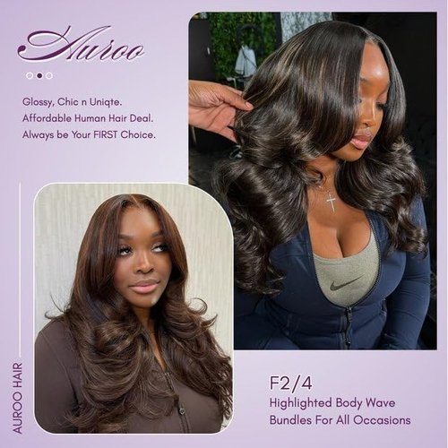 AUROO Brown Highlight Body Wave 3 Bundles Human Hair 10 12 14 Inch, 12A 2-Tone #F2/4 Dark Brown with Chestnut Streaks Ombre Human Hair Bundles 100% Virgin Real Hair Wavy Weave Thick Track Sew in Remy