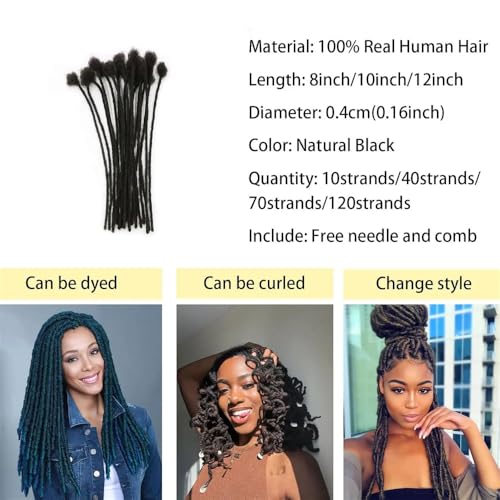 Dreads Extensions for Men Women Loc Extensions Human Hair Dreadlock Extensions 0.4 cm 14 Inch 30 Strands Handmade Permanent Locs Extension Natural Black Soft Locs Hair Extensions Can be Dyed Bleached