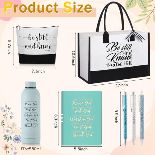 7 Pcs Christian Gift for Women Faith, Inspirational Religious Christmas Gifts, Catholic Tote Bag Makeup Bag Pens(Light Blue)