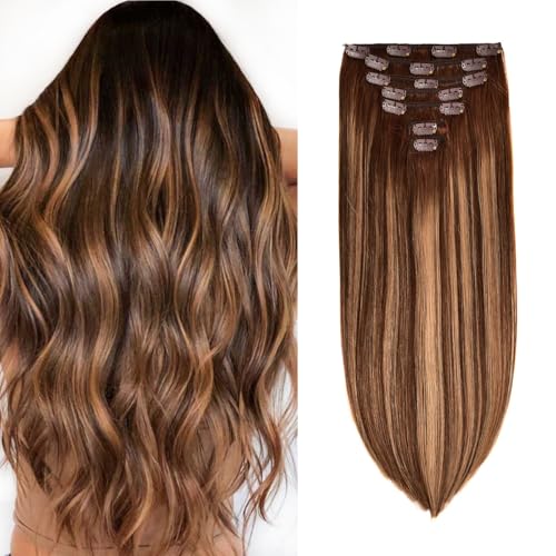 Clip in Hair Extensions Real Human Hair 120g 7pcs Human Hair Clip in Extensions 16 Inch Chocolate Brown Mixed Caramel Blonde #4/27/4 Thickened Straight Real Hair Extensions Clip in Human Hair
