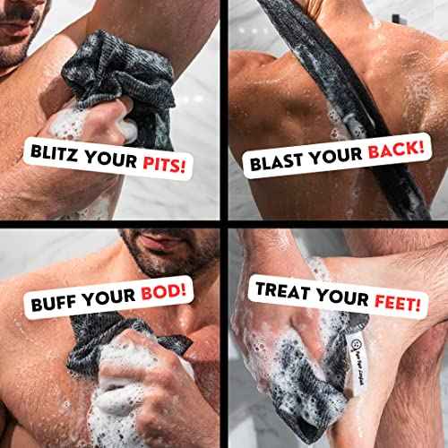 Extra Rough Exfoliating Washcloth - Extreme Body & Back Scrubber for Shower, Extra Long, Hygienic Exfoliator Wash Cloth, Men Or Women, 2 Count Pack, 1 Black & 1 Grey Color, Bye Bye Loofah