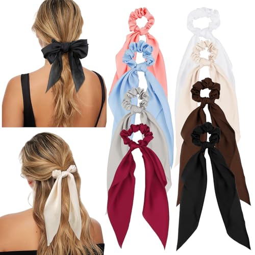 8 PCS Bow Hair Scrunchies Detachable Silky Satin Hair Ties for Women Girls Silk Hair Scrunchies with Long Ribbon Bows Ponytail Holder Elastic Hair Ties Knotted Bow Silk Hair Accessories