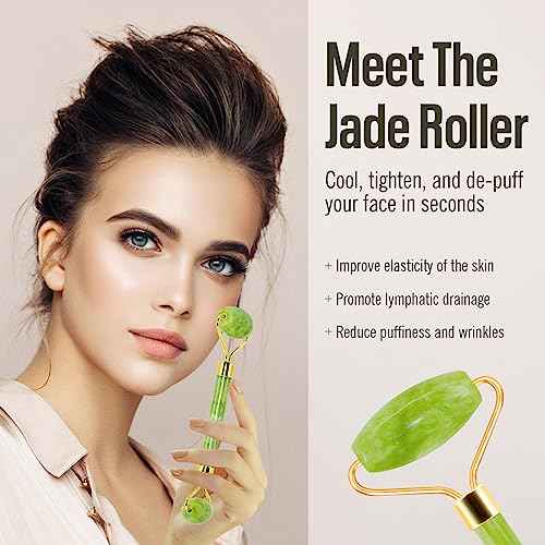 Jade Roller & Gua Sha Facial Tools, Natural Anti-Aging Jade Beauty Skin-Care Tool Face Roller to Rejuvenate Facial Skin Cooling, Slimming & Firming, Great as Stocking Stuffers