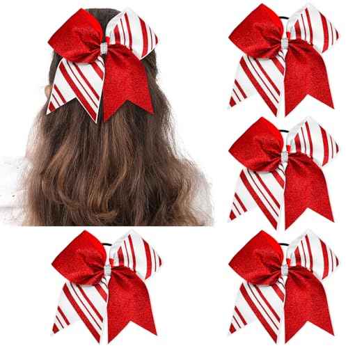 4Pcs Christmas Cheer Hair Bows Scrunchies Glitter Red Candy Striped Ribbon Bowknot Hair Ties Xmas Ponytail Holder for Women Winter Birthday Costume Supplies