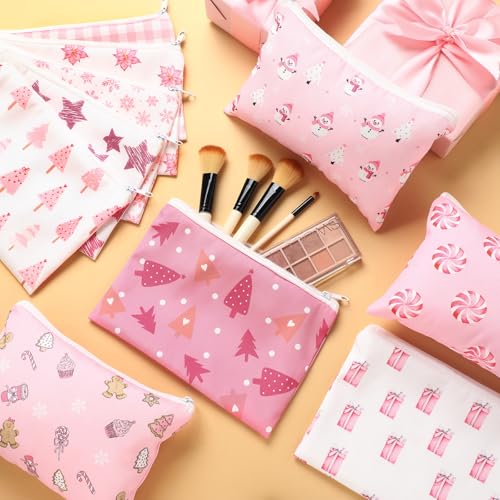 40 Pcs Pink Christmas Theme Makeup Bags Bulk Xmas Trees Snowman Snowflake Zipper Pouch Purse Christmas Cosmetic Gifts Xmas Party Favors for Women Employee Gifts Coworker Nurse Teachers