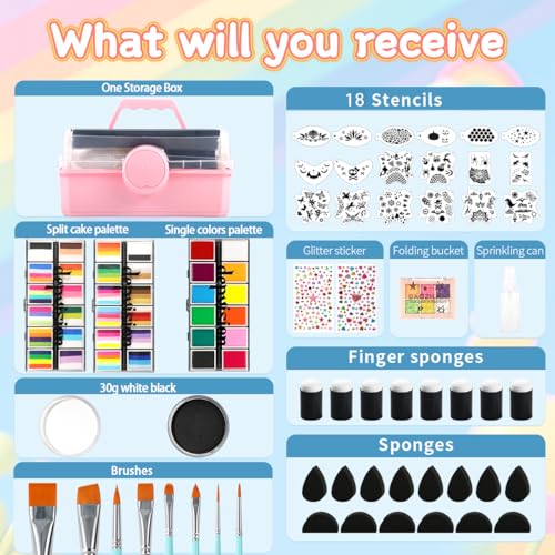 Professional Face Painting kit for Kids Adult Face Painter110 Colors Split Cake Face Paint 96 pcs Set Non-Toxic Washable & Safe with Brushes Sponges Glitter Stencils for Halloween Makeup Kit