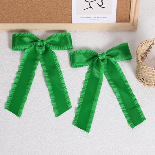 Green Hair Bow Clips for Women Girls 5.5 in Big Silky Ruffle Satin Hair Ribbon Bow-Knot Alligator Barrettes Hairpins Early Spring St Patricks Day Dress Decor Accessories Gift