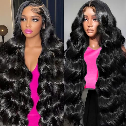 13x6 Body Wave Lace Front Wigs Human Hair Pre Plucked Real Human Hair Wigs 200 Density HD Transparent Lace Frontal Wigs Natural Black Glueless Wig 24 Inch
