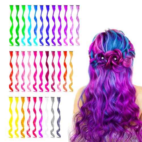 32 PCS Colored Clip in Hair Extensions, BEAHOT 16-21Inch Rainbow Long Curly Wavy Hairpieces Clip in Synthetic, Halloween Cosplay Dress Up Fashion Party Christmas New Year Gift for Women Kids Girls
