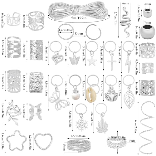 Fscwlmon 309Pcs Hair Jewelry for Women Braids,Hair Loc Cuff Coils Rings for Dreadlock Accessories,Locs Hair Tube Beads Decorations,Braid Clips Hair Charms Braids Accessories Silvery