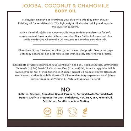 Desert Essence Body Oil Spray ? 8.28 fl oz | Jojoba, Coconut & Chamomile | 24-Hour Moisture for Dry Skin | Lightweight After-Shower Oil | Vegan, Cruelty-Free, B-Corp, Made in USA
