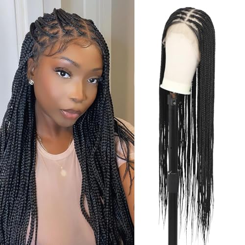 Lexqui 36'' 360¡Æ HD Full Lace Knotless Braided Wigs for Women Box Braid Wig with Baby Hair Premium Synthetic Braided Lace Front Wigs Natural Black