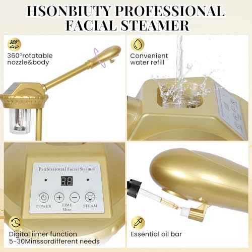 Facial Steamer Professional with More Steam for Deep Cleansing and Hydration, Estheticians Steamer on Wheels with Time Setting, Face Steamer Adjustable Height for Beauty, Spa and Home Use£¨Golden£©