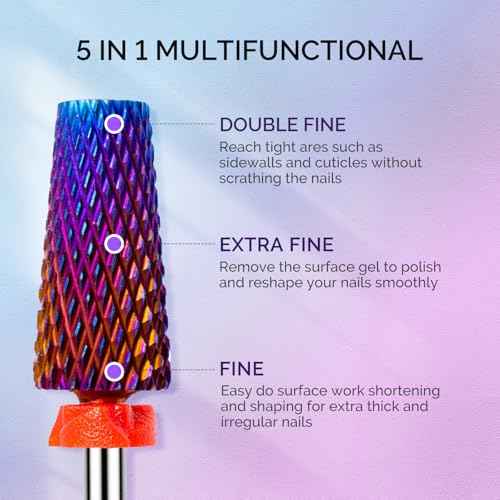 MelodySusie 3Pcs Nail Drill Bits Set, 3/32'' Carbide Tungsten Bits, 5 in 1, Smooth Round Top Large Barrel and Tornado Bits, Suitable for Manicure Pedicure Cuticle Gel Acrylic Remover, Purple