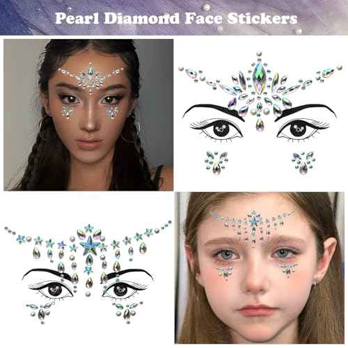 Face Gems 6 Sets Mermaid Face Jewels Festival Pearl Rhinestones Acrylic Crystal Stickers Self Adhesive Face Decoration Jewels for Parties,Carnival,Halloween, Christmas